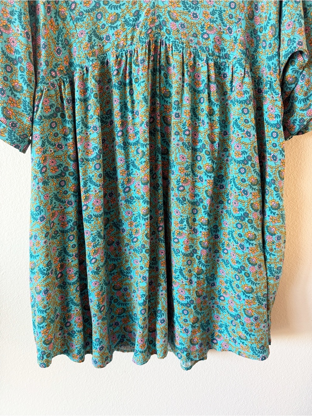 Natural Life XL Floral Boho Babydoll Dress Teal Pockets Oversized Cottagecore - Picture 5 of 12